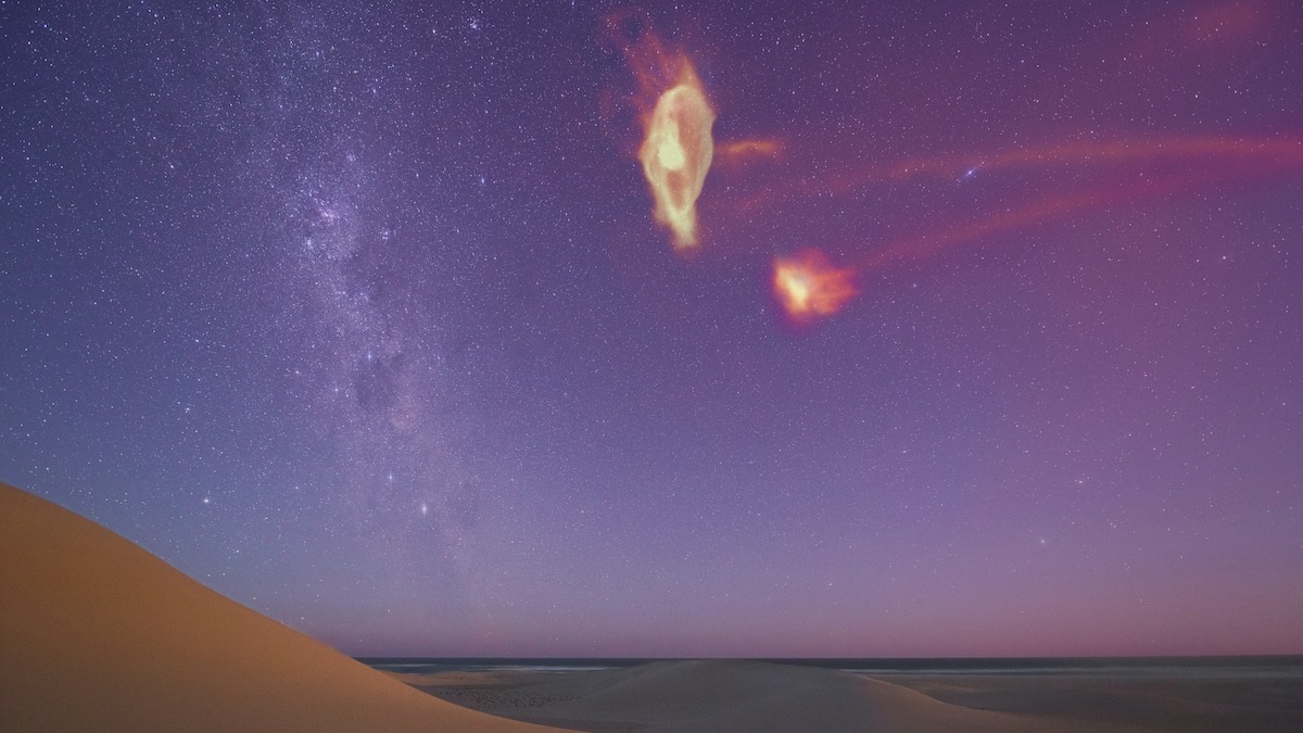 Модифіковане зображення того, як Магелланів потік виглядав би у нічному небі, якби його можна було побачити. Scott Lucchini, Colin Legg / Cosmosmagazine&amp;nbsp;