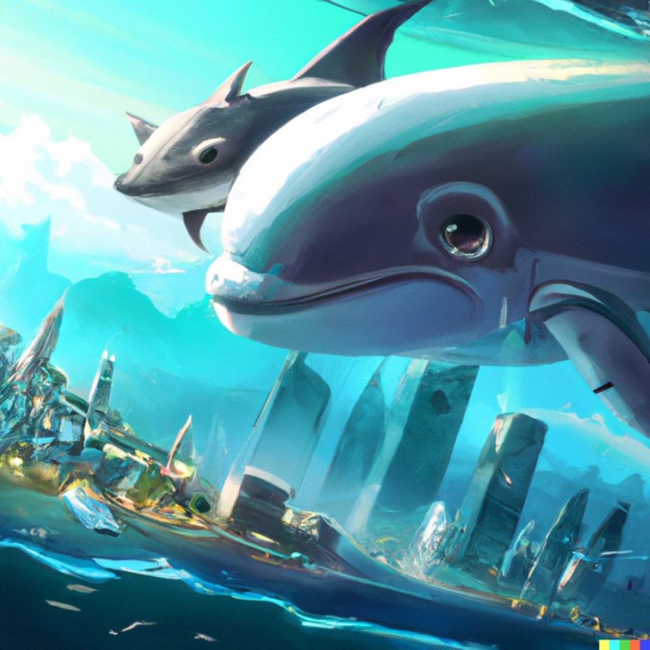 «Акула та дельфін мандрують, тримаючись за руки, на фоні підводного міста»