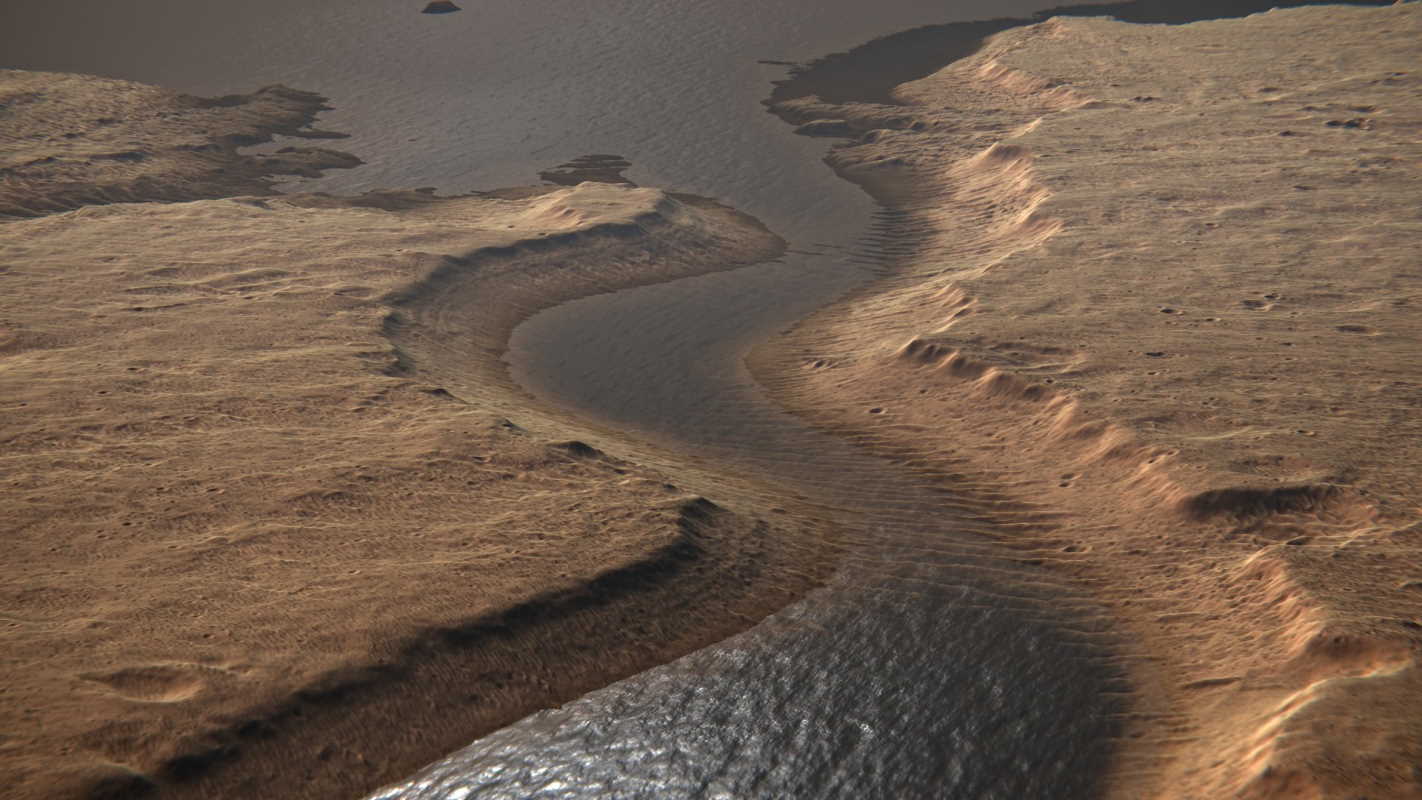 На цьому художньому зображенні реально існуючу висохлу річкову долину на Марсі заповнили водою. NASA / JPL / University of Arizona / USGS