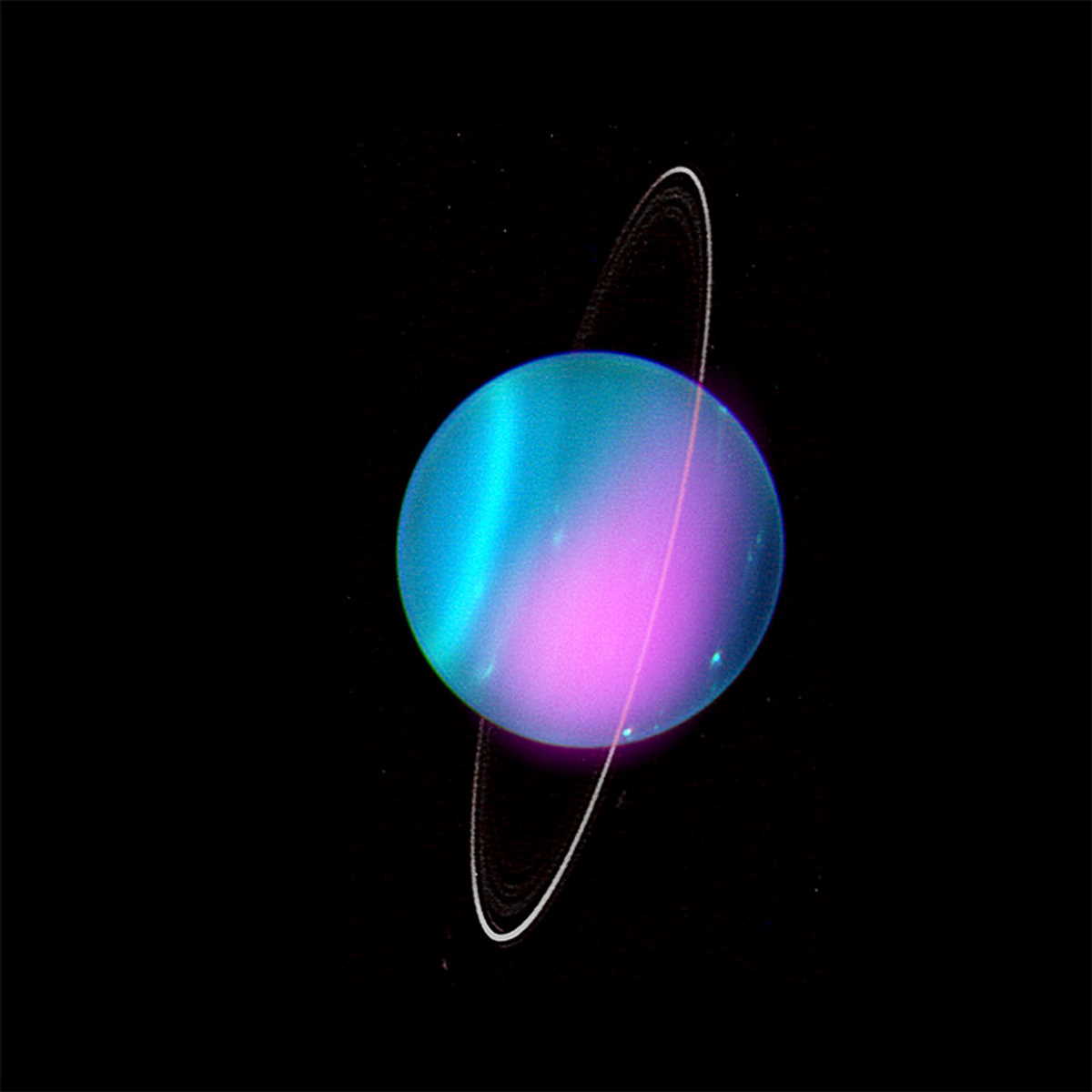 Композитне зображення Урана у рентгенівському та оптичному діапазоні. NASA, CXO, University College London, W. Dunn et al, W.M. Keck Observatory