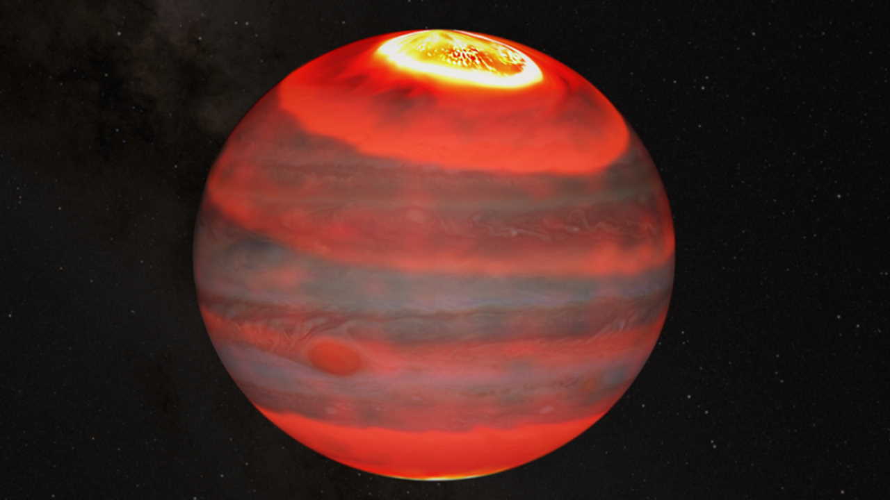 Художнє зображення нагрівання Юпітера полярними сяйвами. J. O'Donoghue (JAXA) / Hubble / NASA / ESA / A. Simon / J. Schmidt