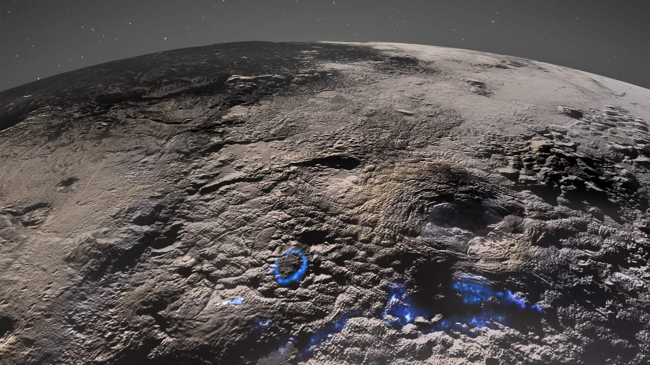 Зображення Плутона отримане New Horizons у 2015 році, де синім відмічені області потенційного кріовулканізму. NASA