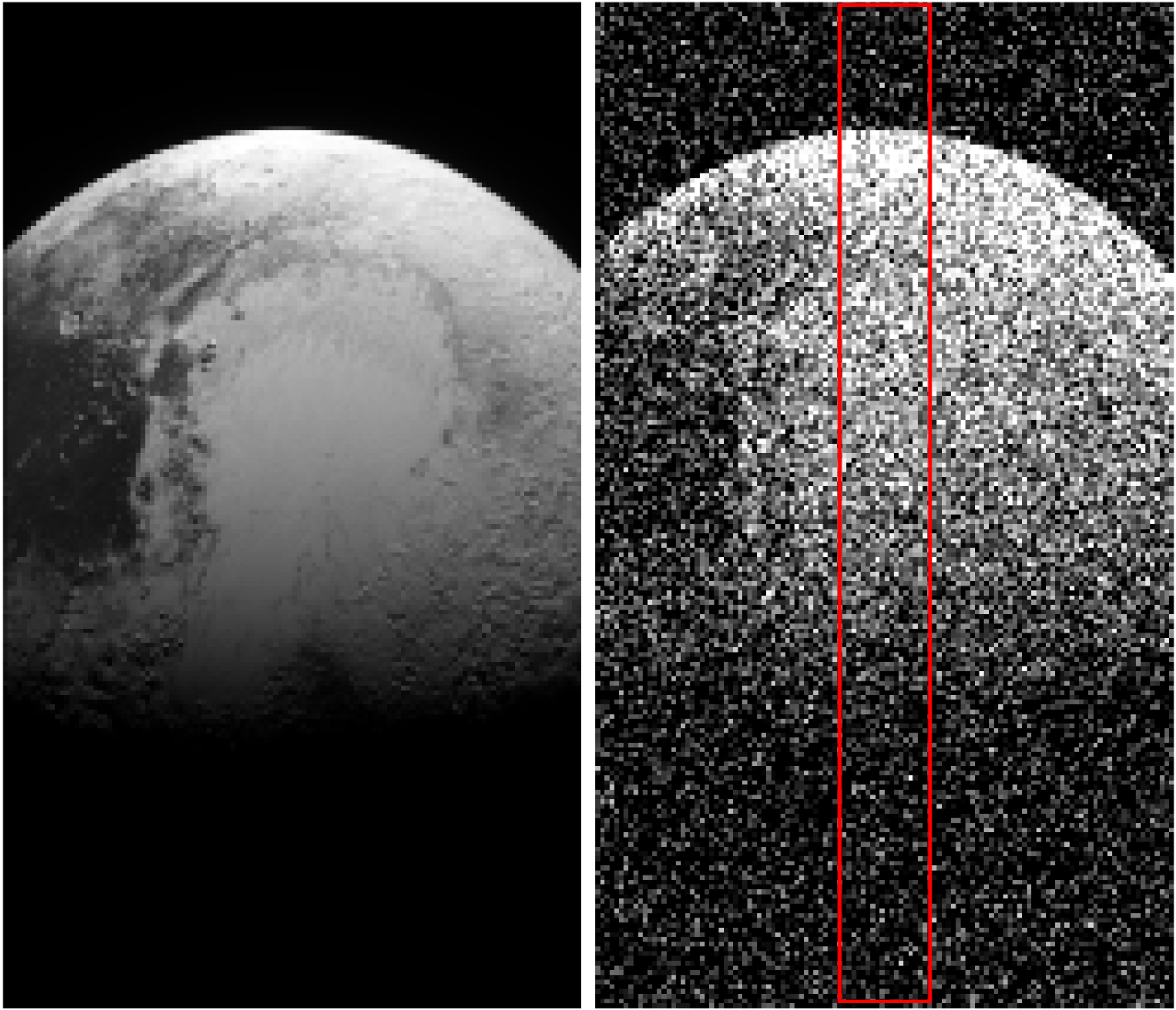 Зображення ліворуч є знімком камери освітленого Сонцем боку планети під час зближення, а праворуч — змодельований рівень шуму, для остаточного обчислення світла Харона. Tod R. Lauer et al. / The Planetary Science Journal, 2021