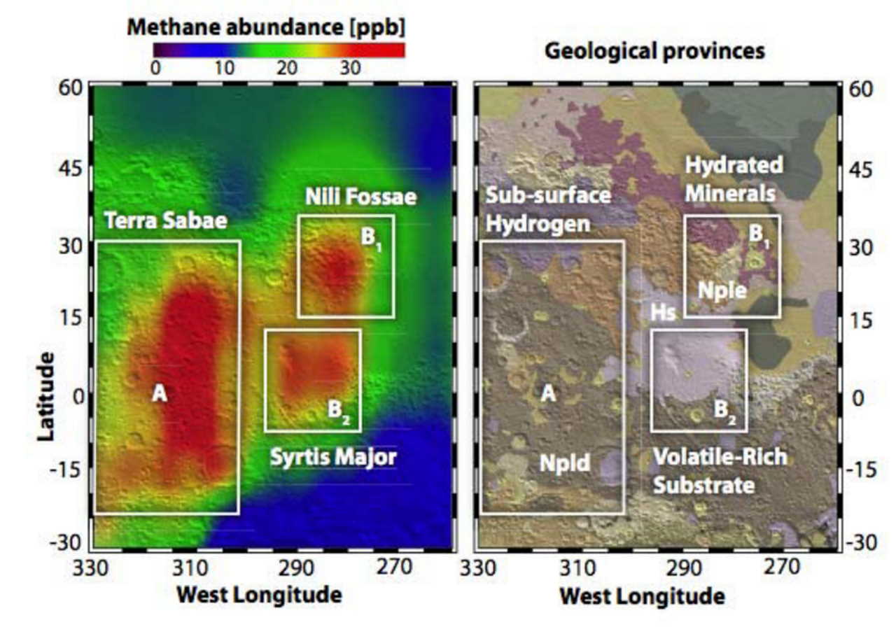 Точки підвищеної концентрації метану на Марсі в 2003 році. Mumma et al