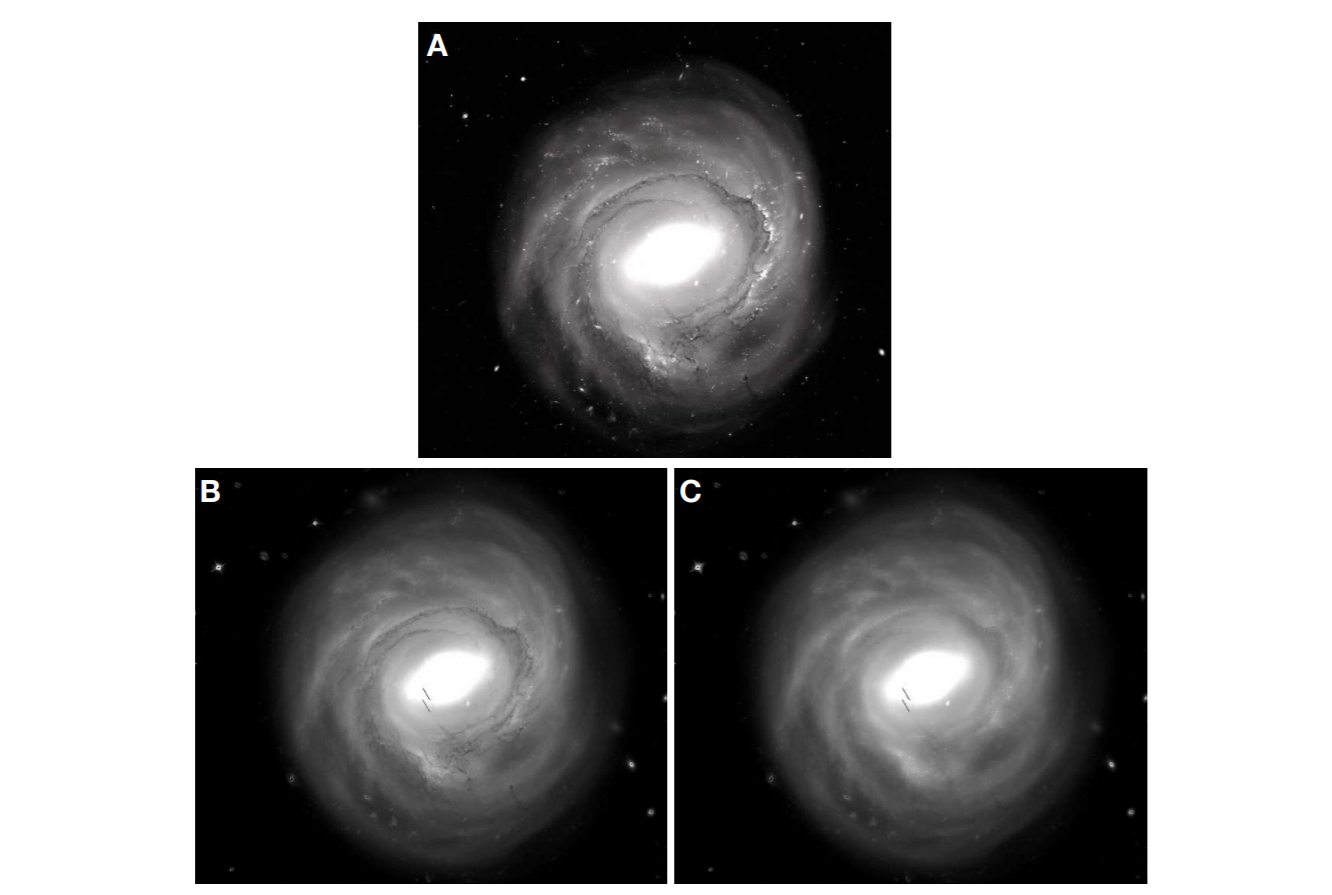 Очищені від пилу знімки галактики NGC 4921 (перша — оригінал). Cramer, W. J. et al.&amp;nbsp;