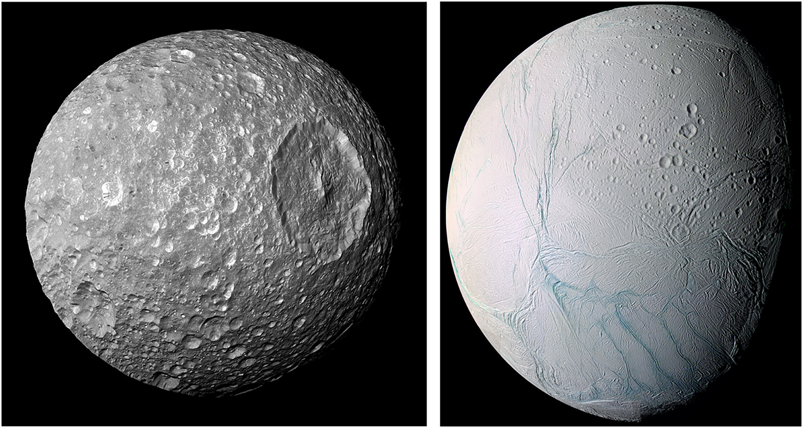 Мімас (зліва) поруч з Енцеладом.&amp;nbsp;Alyssa Rose Rhoden et al. / Icarus, 2022