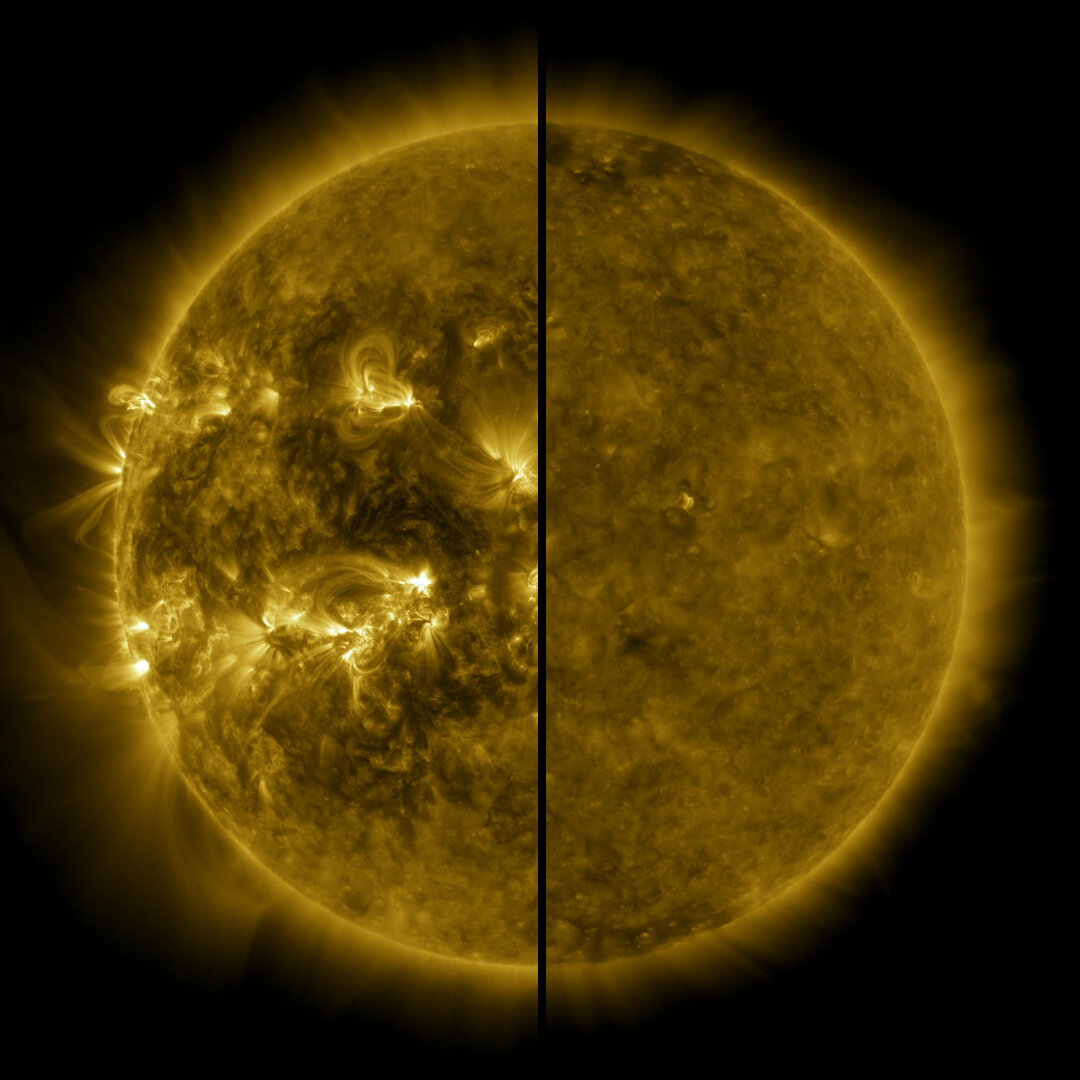 Зображення демонструє різницю між Сонцем під час сонячного максимуму (ліворуч, квітень 2014 року) та під час сонячного мінімуму (праворуч, грудень 2019 року).&amp;nbsp;NASA, SDO / phys.org