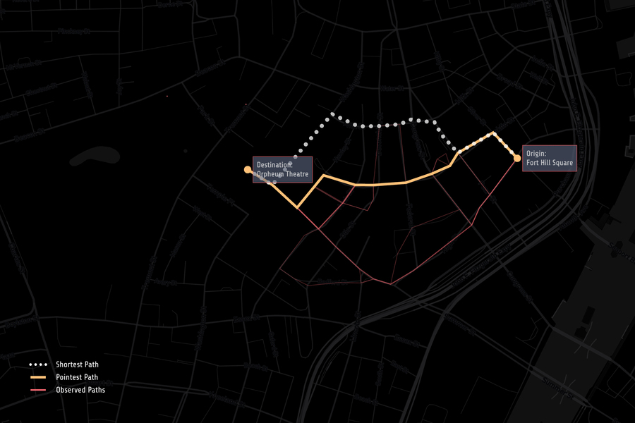 Червоним кольором позначені реальні маршрути пішоходів, жовтим&amp;nbsp;— маршрут, який найбільше спрямований до пункту призначення, пунктирною лінією&amp;nbsp;— найкоротший шлях.&amp;nbsp;MIT