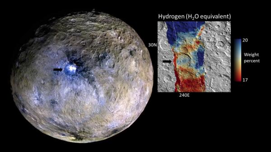 Мапа розподілу водню у кратері Оккатор / NASA / JPL-CalTech / UCLA / MPS / DLR / IDA