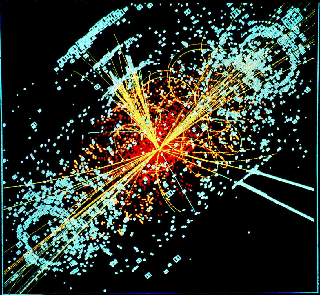 Моделювання, як після зіткнення двох протонів утворюється бозон Хіггса, який після розпадається на адрони та електрони. Лініями зображені можливі шляхи руху частинок, що утворюються при у детекторі, а вивільнена ними енергія — синім кольором. Lucas Taylor / CERN / Wikimedia Commons