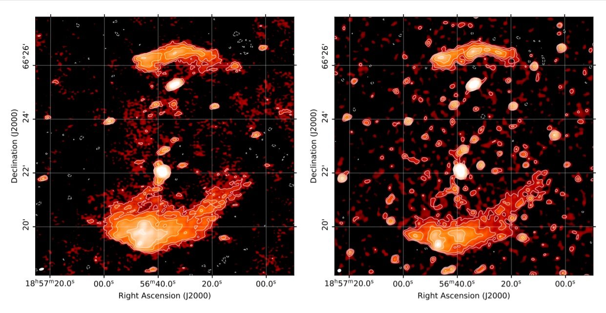 Інтенсивність радіовипромінювання в PSZ2 G096.88 + 24.18, зафіксована LOFAR (зліва) та Дуже великим масивом (справа). Jones et al.
