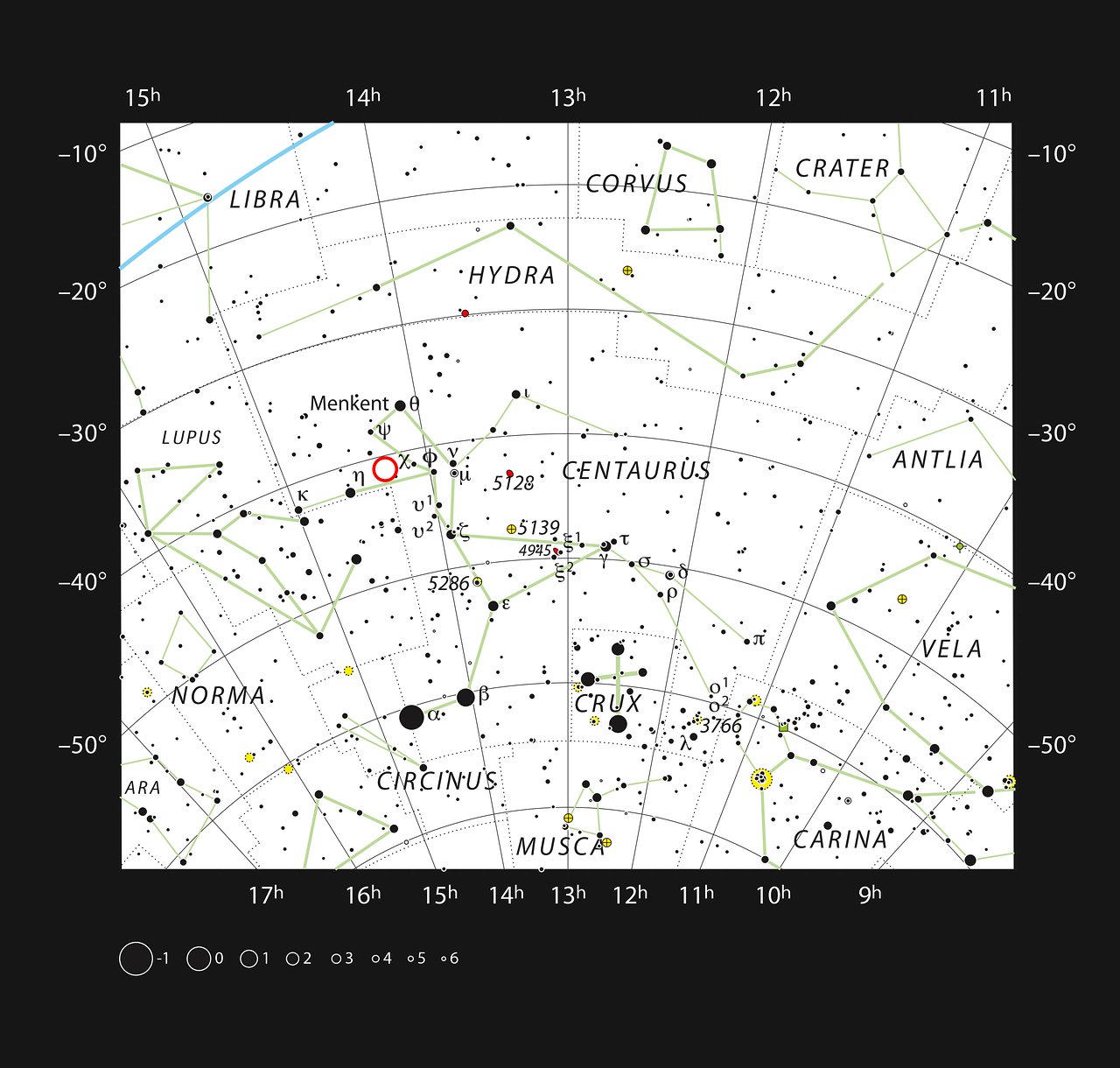 Південне сузір'я Центавра, де відзначена більшість зірок, видимих неозброєним оком.  Зоря PDS 70 позначена червоним кружком / ESO, IAU and Sky &amp;amp; Telescope
