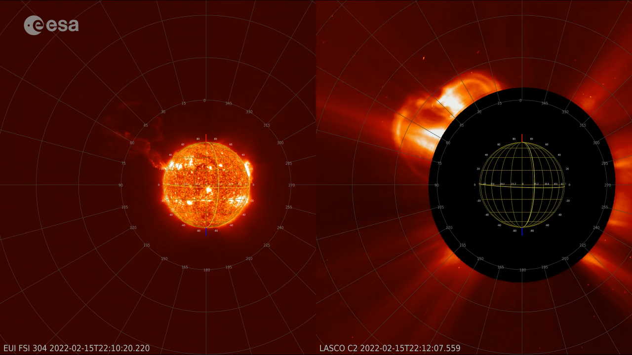 Композиція зображень з Solar Orbiter (ліворуч) і SOHO, на якому сонячного диска не видно. Solar Orbiter / EUI and SOHO/LASCO teams, ESA &amp;amp; NASA