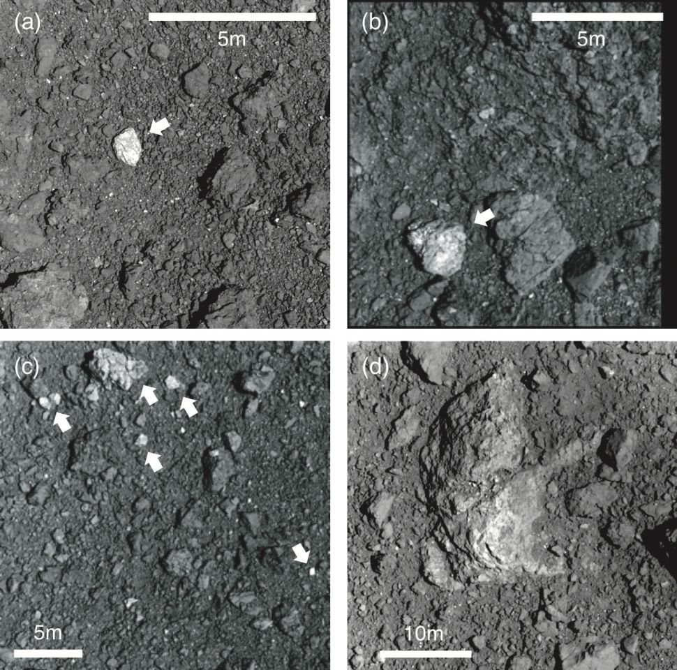 Зображення яскравих порід типу S на фоні темнішої поверхні Рюгу, отримані станцією “Хаябуса-2”. E. Tatsumi at al. / Nature Astronomy, 2020