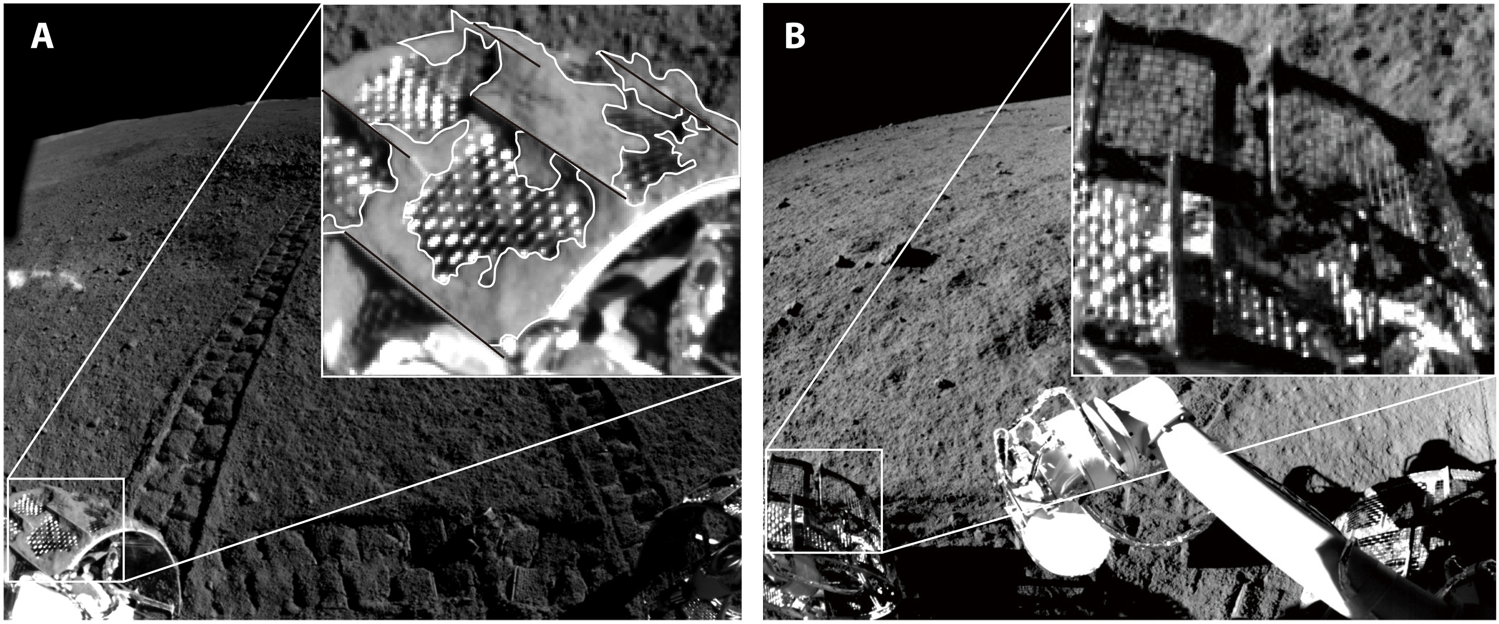 Шматки місячного ґрунту, що налипли на переднє праве колесо ровера, порівняно з його попередником, місяцеходом «Юйту», який працював на видимому боці супутника. L. Ding et al. / Science Robotics, 2021